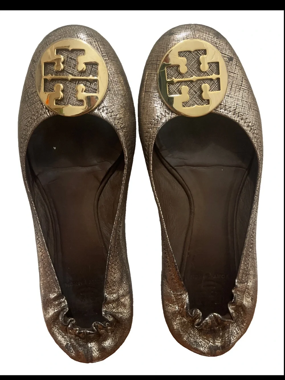 Tory Burch Reva Ballet Flats Gold  Logo Medallion Metal Size 9M M Pre Owned